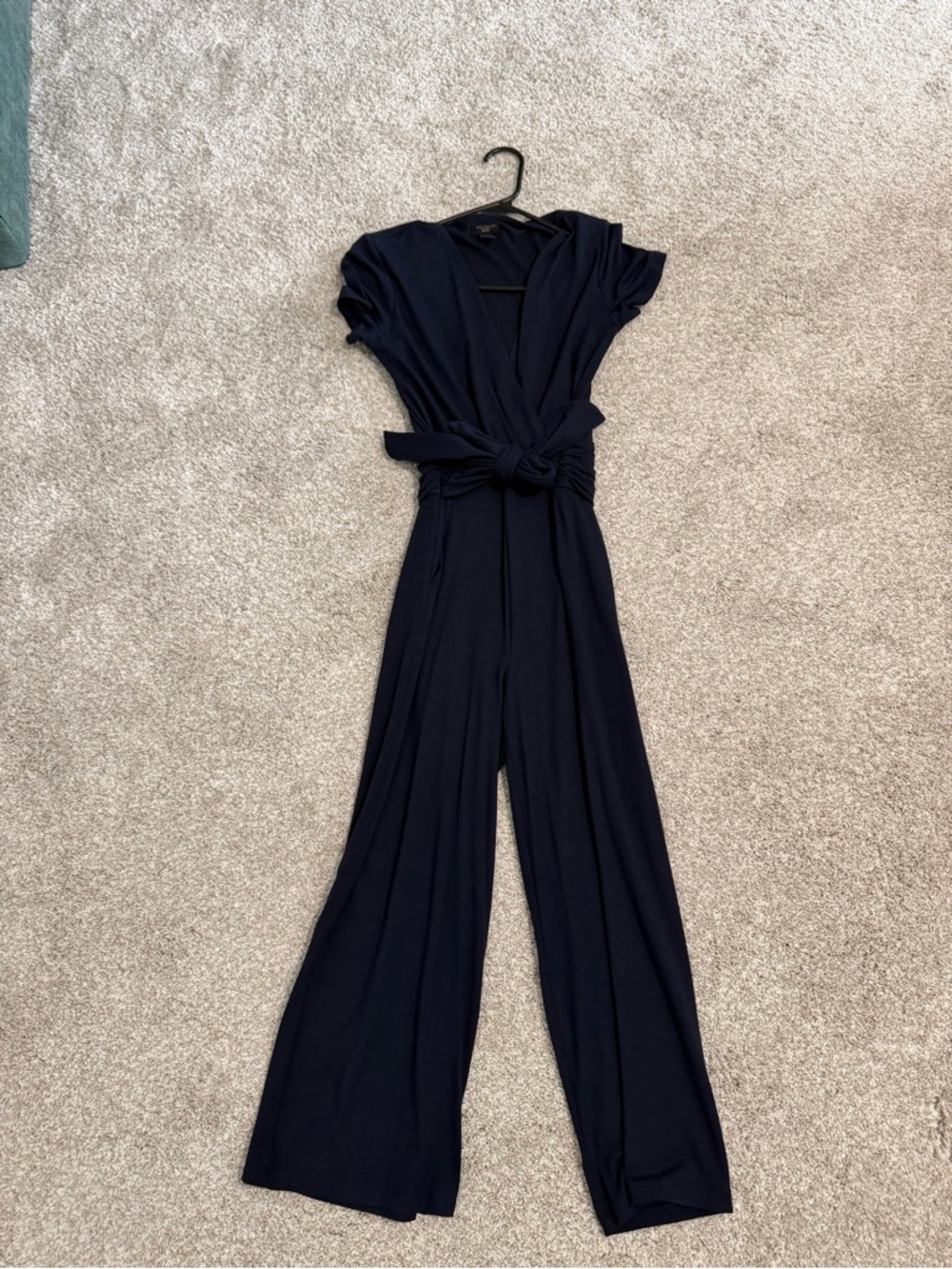 Ann Taylor Navy Short-Sleeve Wrap Jumpsuit with Tie Waist